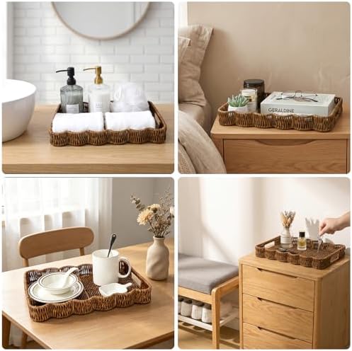 Segbeauty Plastic Wicker Serving Tray with Handles for Home Decor