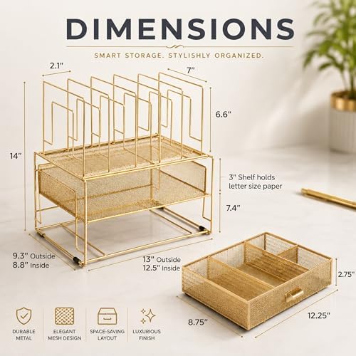 BLU MONACO | Gold Desk Organizer With Drawer | Metal Mesh File Holder