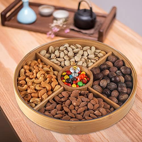 Hedume Bamboo Nuts Storage Platter Tray, Food Serving Tray with 5