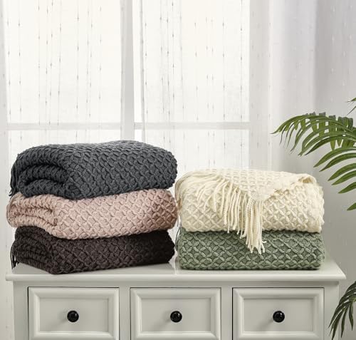 CREVENT Farmhouse Boho Knitted Throw Blanket for Couch Sofa Chair Bed