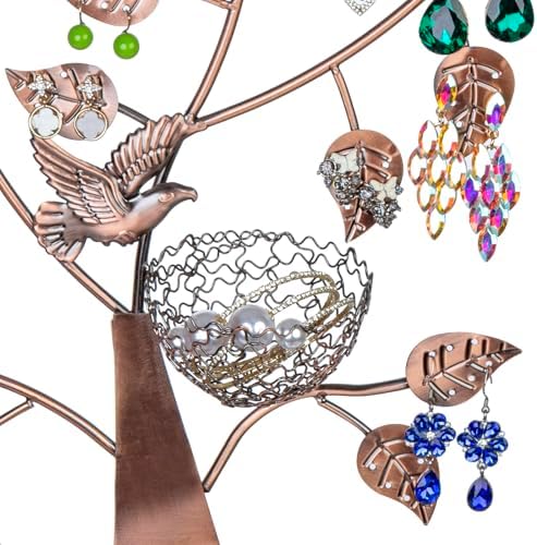 MyGift Bronze Jewelry Tree Stand with Bird Nest, Holds 48 Pairs of