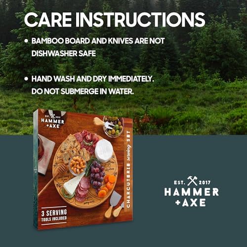 Hammer + Axe Charcuterie Board Set, Round Lazy Susan Bamboo Tray with