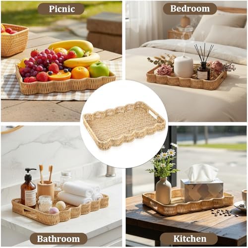 Scalloped Tray Rectangle with Handles, 13.98 x 9.84 x 1.77 Inch Hand
