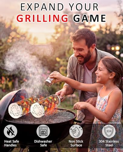 Rolling Grill Basket, Grill Gift for Men, Removable Wooden Handle, 304