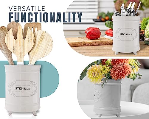 Comfify French White Ceramic Utensil Crock – French Country – Scroll