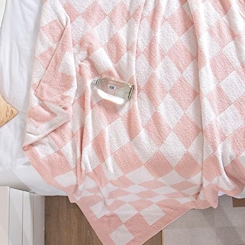 SeaRoomy Fuzzy Checkered Throw Blanket for Couch,Light Pink 51"X63"