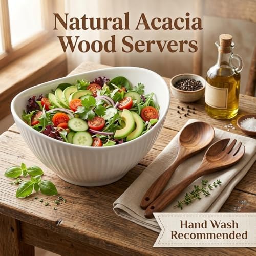 60oz Large Ceramic Salad Bowl with Acacia Wood Utensils, 10" Oval