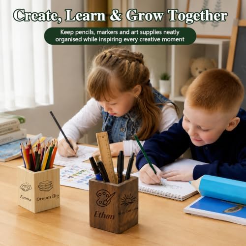 QYH Personalized Pen Holder for Desk, Wooden Pencil Holder Teacher