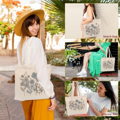 Aesthetic Floral Canvas Tote Bag for Women with Pocket, Tote Bags for