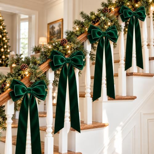 JOICEE 12Pcs Large Green Christmas Velvet Bows for Christmas Tree
