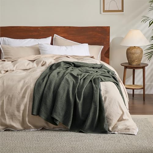 Bedsure 100% Cotton Blanket, Waffle Weave, King Size, Olive Green