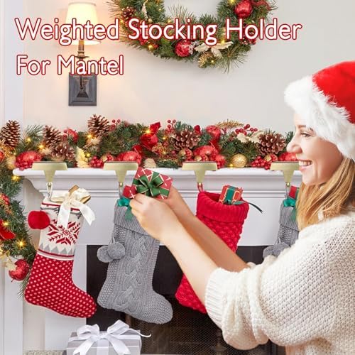 4-Pack Christmas Stocking Holders for Mantel, Weighted Metal Hooks