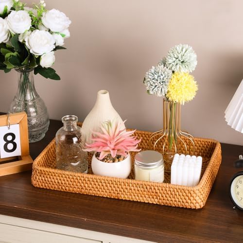 Wicker Storage Basket, Rattan Tray Rectangular Woven Tray Natural