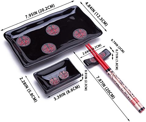 4 Pcs Japanese Sushi Plate Dinnerware Set Black With Chinese Double