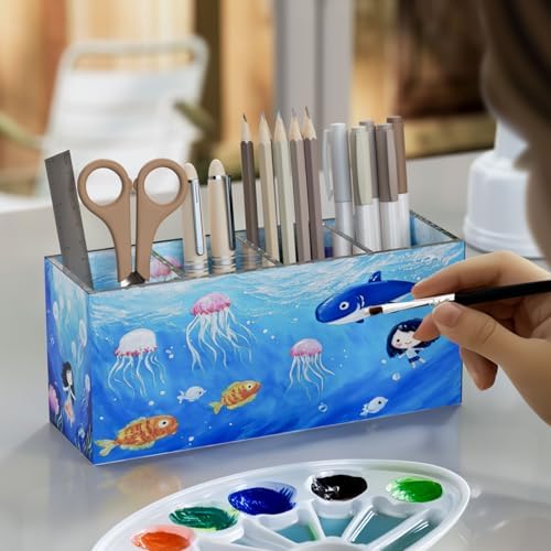NIUBEE Acrylic Pen Holder 4 Compartments, Clear Desk Pencil Organizer