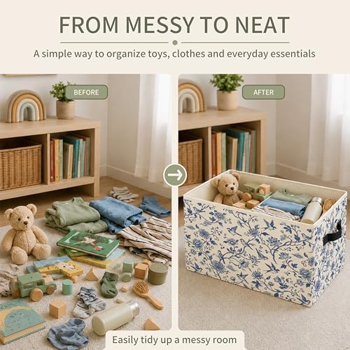 Chinoiserie Floral Bird Storage Bins with Handles, Blue and White