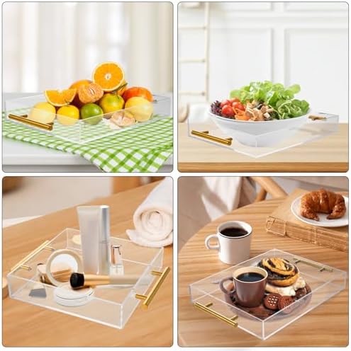3 Pack Acrylic Serving Tray with Gold Handles, Spill-Proof Acrylic