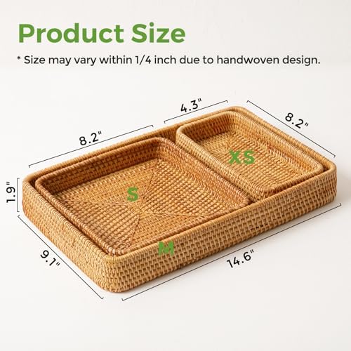 Rattan Serving Tray,Rectangle Wicker Storage Basket Set of 3 for