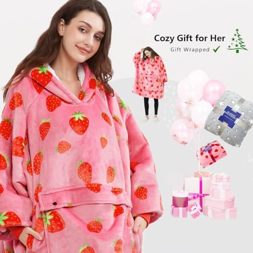 KFUBUO Wearable Blanket Hoodie for Adults With Pocket Strawberry