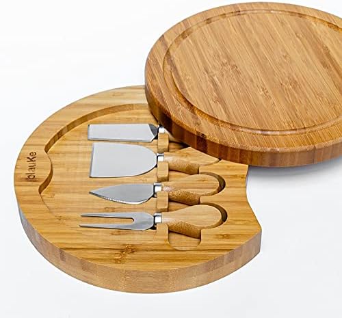 Bamboo Cheese Board and Knife Set - 10 inch Round Charcuterie Board