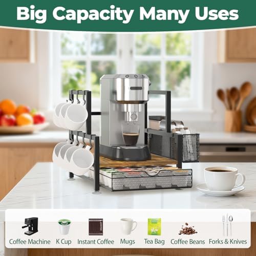 EsLuker.ly Coffee Bar Station Organizer with K Cup Drawer, 7 Mug Hooks