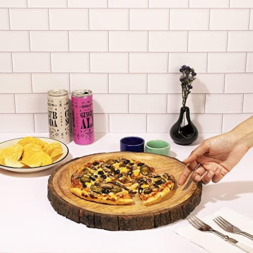 GoCraft Round Wooden Serving Platter with Tree Bark on Edges | Mango
