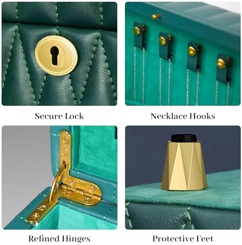 Genuine Leather Jewelry Box for Women, 3 Layer, Green