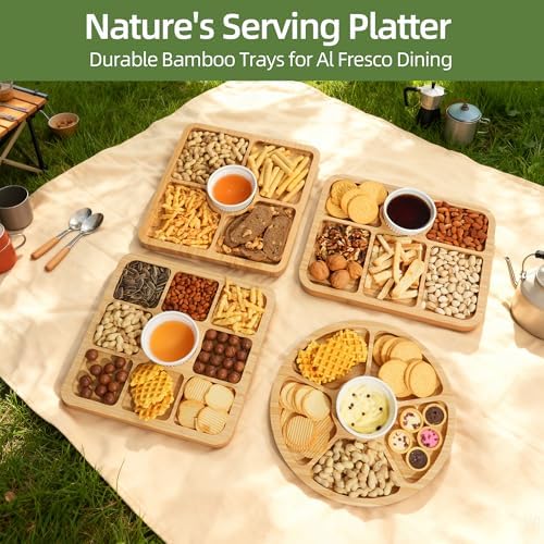 Charcuterie Board with Lid, Bamboo 6‐Compartment Portable Serving