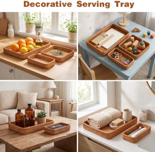 Rattan Serving Tray Set of 3 Rectangular Wicker Storage Baskets