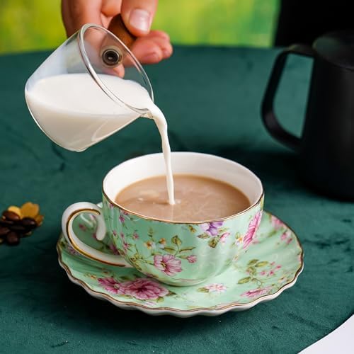 Agyiuns Tea Cup and Saucers, 6.4oz Floral Tea Cups with Gold Trim