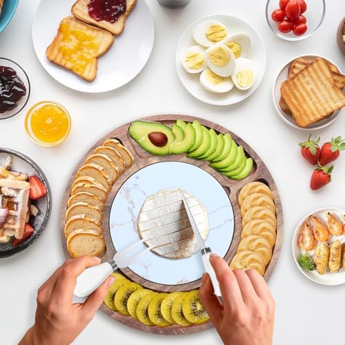 13.5" Round Acacia Wood Cheese & Charcuterie Board Set with Slate