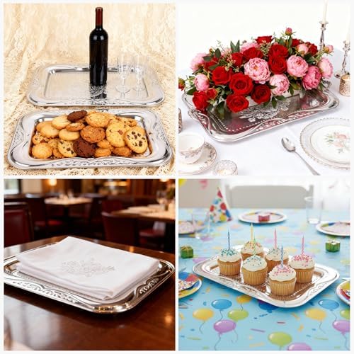 6 Packs Silver Serving Trays, 13.8" x 8.7" Bow Floral Engraved Mirror