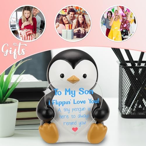 To My Son Penguin Figurine Gift, Resin Penguin Holding Heart Acrylic