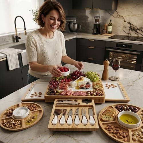 Charcuterie Board Set, Bamboo Cheese Serving Platter with 3 Ceramic