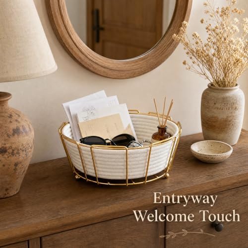 Gold Metal Woven Round Blanket Basket, Decorative Shelf Storage