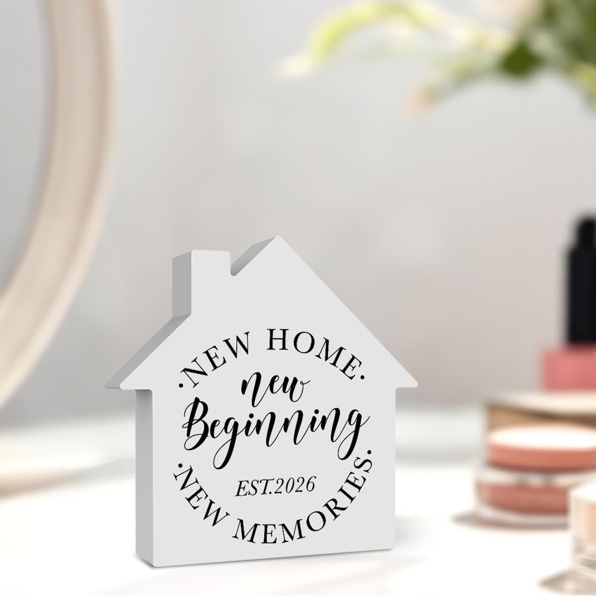 HouseWarming Gifts New Home Decor New Beginnings Acrylic House Shaped Sign Home Living Room Decor for Desk Table Shelf 4x4 Inch