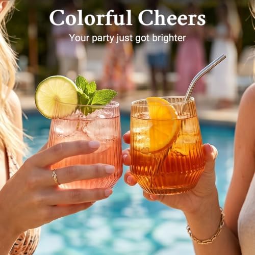 Colored Stemless Wine Glasses Set of 6, 12.5 Oz Ribbed Wine
