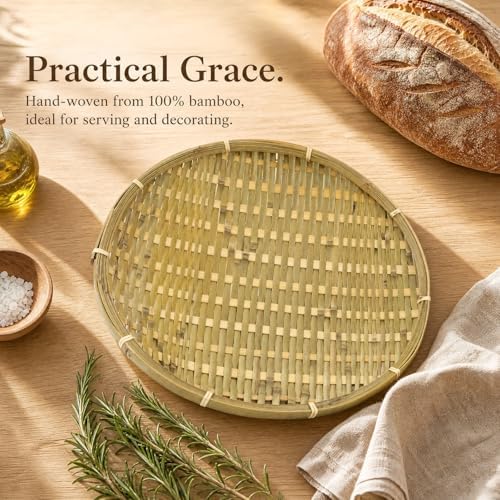 ZENFUN 4 Packs Bamboo Basket Tray, 12 In Round Hand Weave Bread