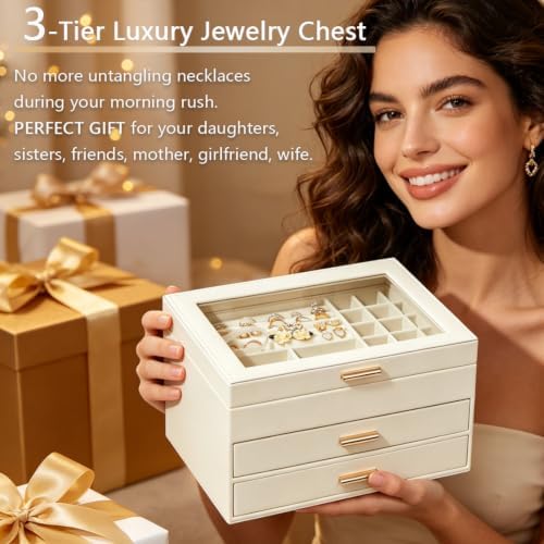 ZPROW Jewelry Box Organizer for Women with Glass Lid, 3-Layer Jewelry