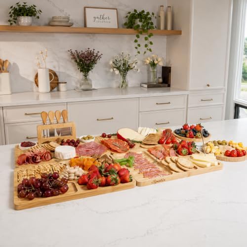 Large Bamboo Charcuterie Board Set, Cheese Board Gift Set & Knives