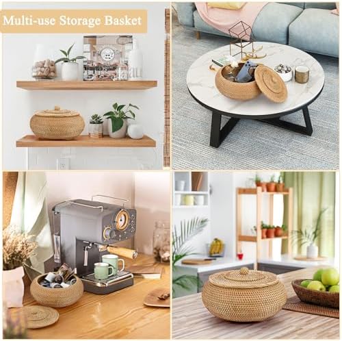 Hipiwe Round Rattan Boxes with Lid Natural Woven Picnic Storage Basket