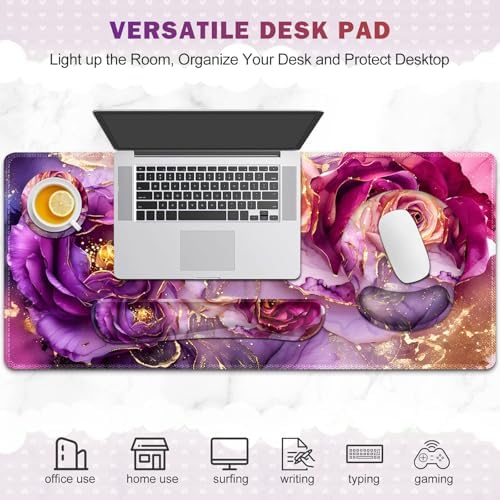 Gaming Mouse Pad Large Desk Mat, Cute Purple Marble Rose Desk Pad