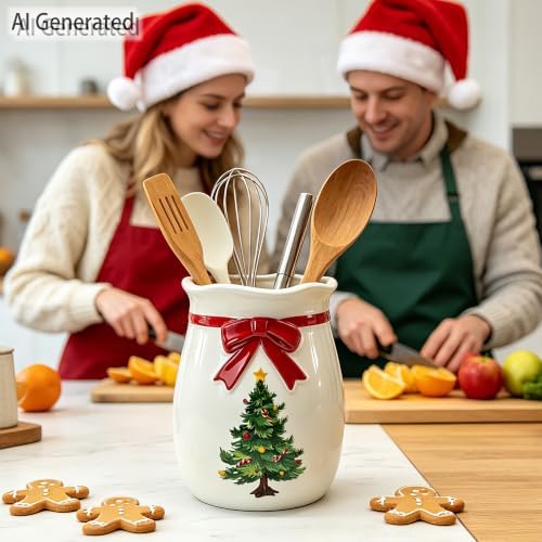 pinata Christmas Kitchen Decor, Ceramic Christmas Tree Utensils Holder