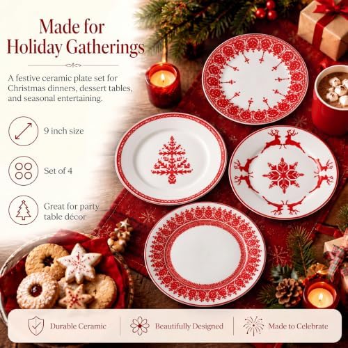 Rtteri 4 Pcs Red Christmas Ceramic Plates 9 Inch Salad Dish Serving