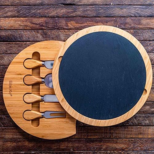 Bamboo Cheese Board with Knife Set and Slate – 12 inch Round