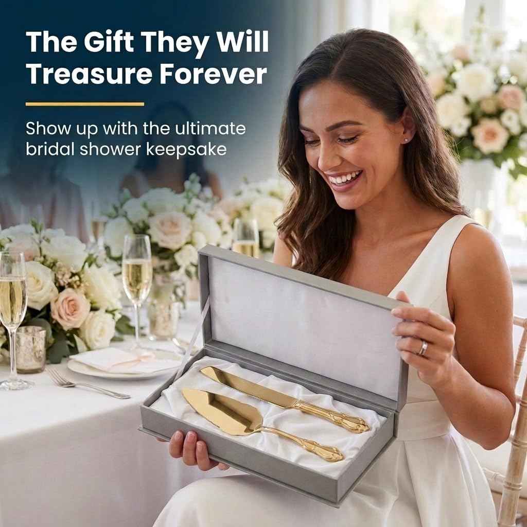 Creative Gifts International Cake and Pastry Server Set | 2-Piece Gold Finish Serving Set | 14.25" Elegant Dessert Server | Wedding and Entertaining Utensils | Gift Box Ready