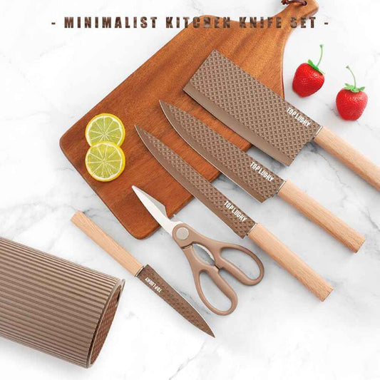 Knife Set, Wiztoynia 6-Piece Coffee Kitchen Knife Set for Home, Anti-Rust Non-stick Stainless Steel Sharp Chef Knife Set with Universal Knife Block for Kitchen, Ergonomical Design (Coffee)