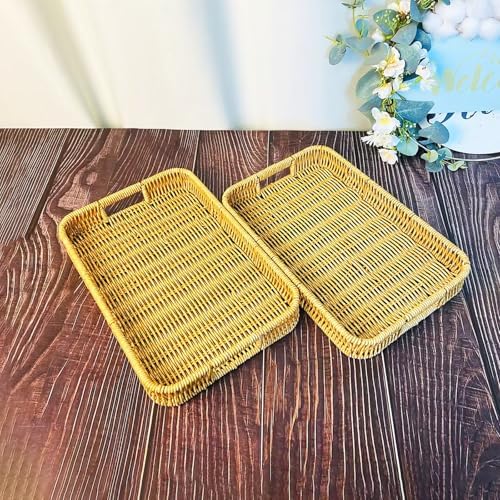 2 Pack Rectangle Rattan Serving Trays with Handles, Decorative Woven