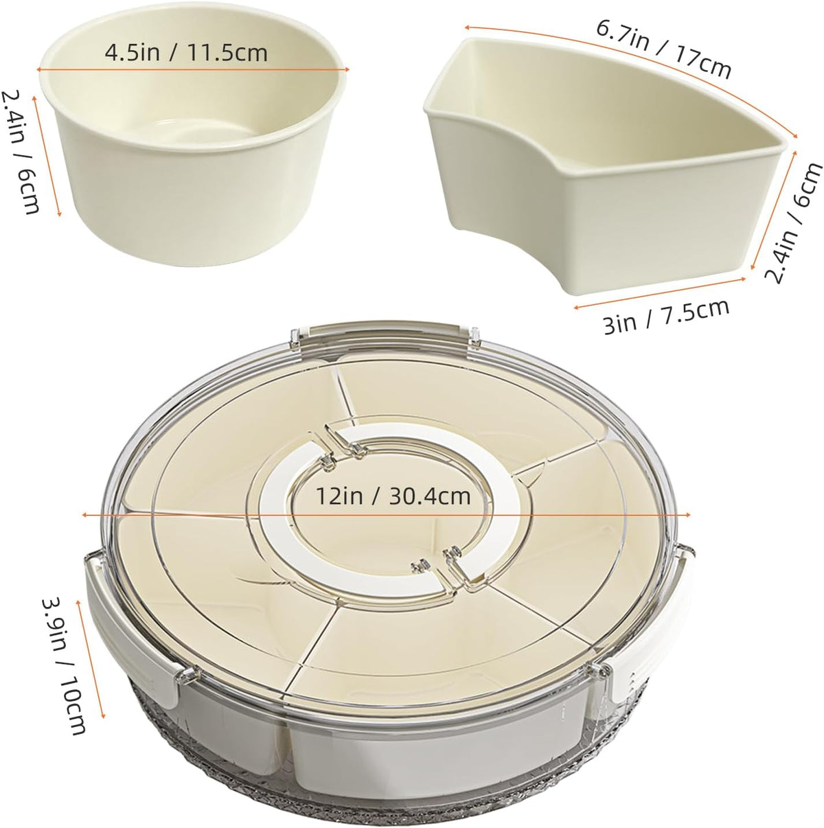 Divided Serving Tray with Lid and Handle, Stackable Snackle Box Container for Fruits Candy Organizer, Portable Spinning Rounded Veggie Tray for Kitchen, Party, Trave and Picnic-2 PACK