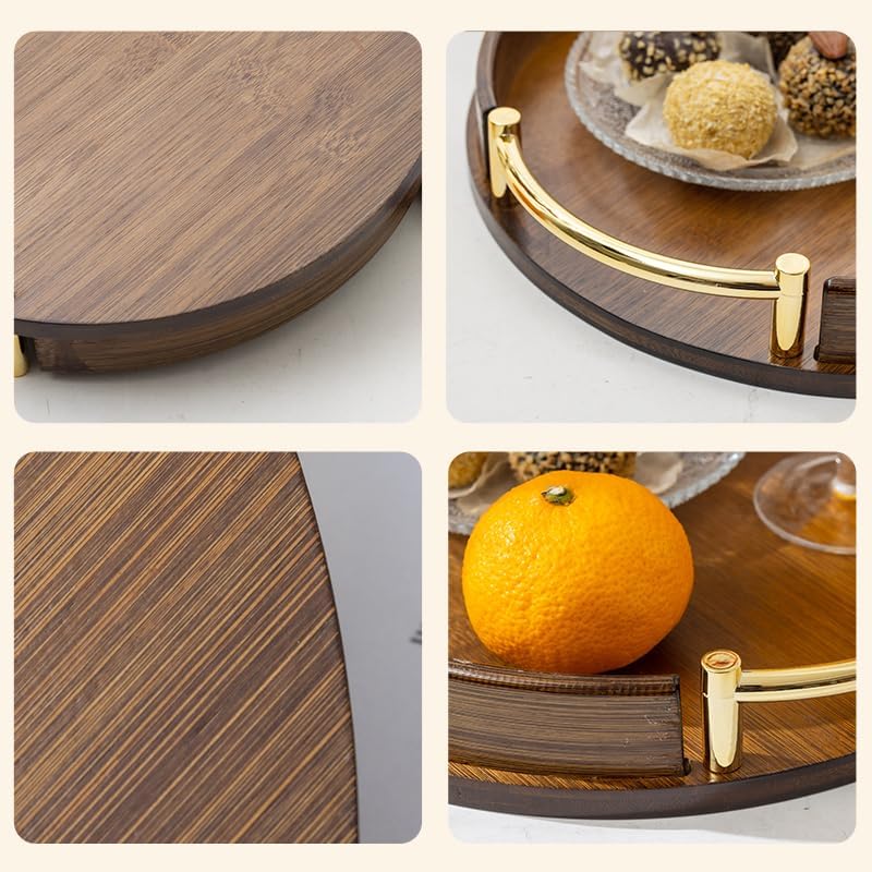 12-Inch Round Bamboo Serving Tray with Handles, Dark Brown Wooden